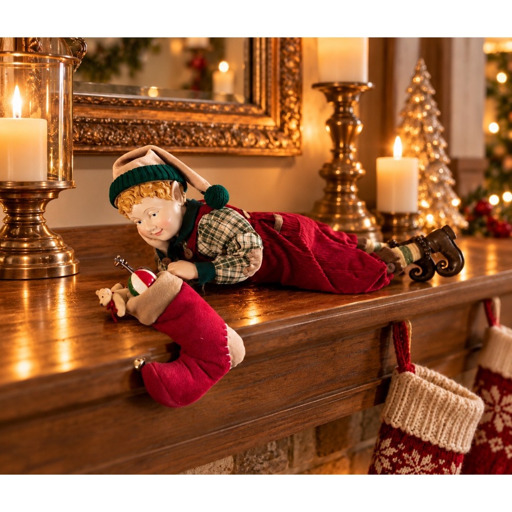Vintage 90s Christmas Elf Figurine Red Corduroy Stocking Mantel Decor